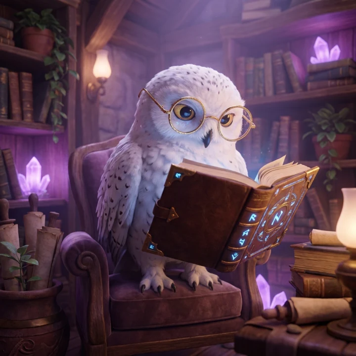 White owl wearing round glasses reading a glowing book in a magical library